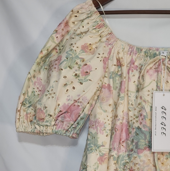 NWT Gee Gee Floral Eyelet Puff Sleeve Dress Cottagecore Balletcore Fall Small - Picture 11 of 11